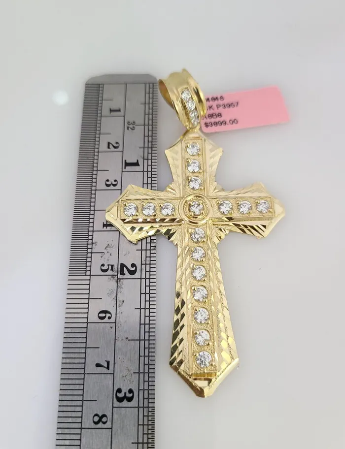 14k Gold Chain Jesus Cross Charm Solid Cuban Curb 10mm 2030 SET Necklace Gold and Diamond Necklaces