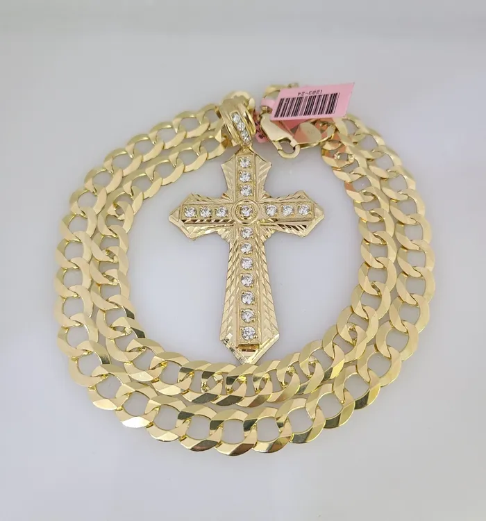 14k Gold Chain Jesus Cross Charm Solid Cuban Curb 10mm 2030 SET Necklace Gold and Diamond Necklaces