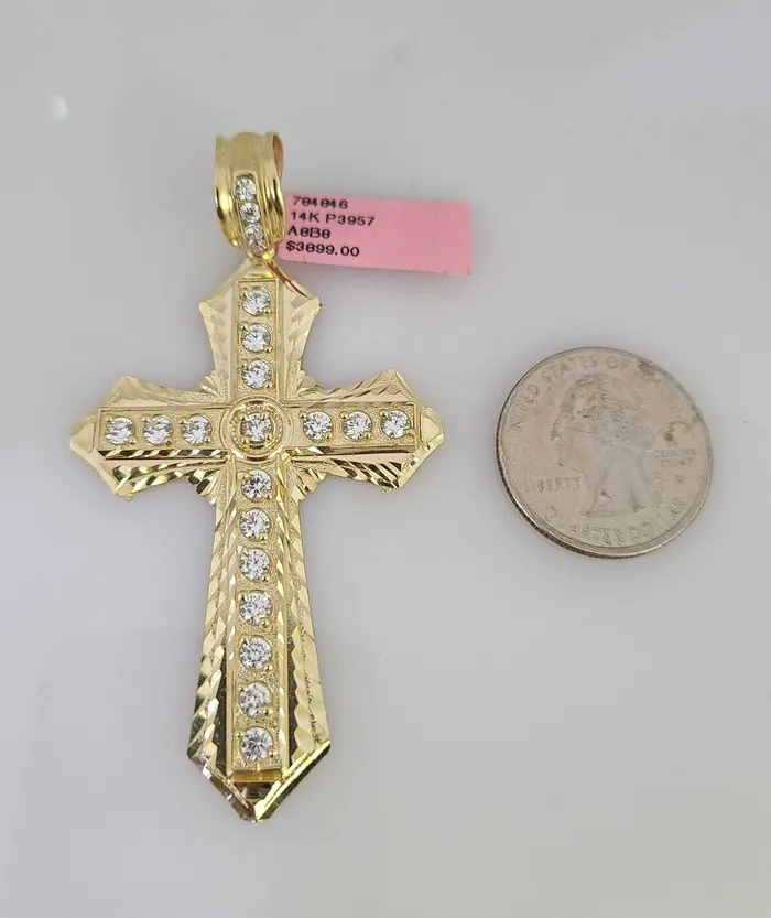 14k Gold Chain Jesus Cross Charm Solid Cuban Curb 10mm 2030 SET Necklace Gold and Diamond Necklaces