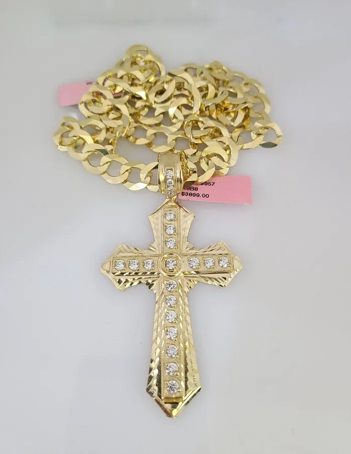 14k Gold Chain Jesus Cross Charm Solid Cuban Curb 10mm 2030 SET Necklace Gold and Diamond Necklaces