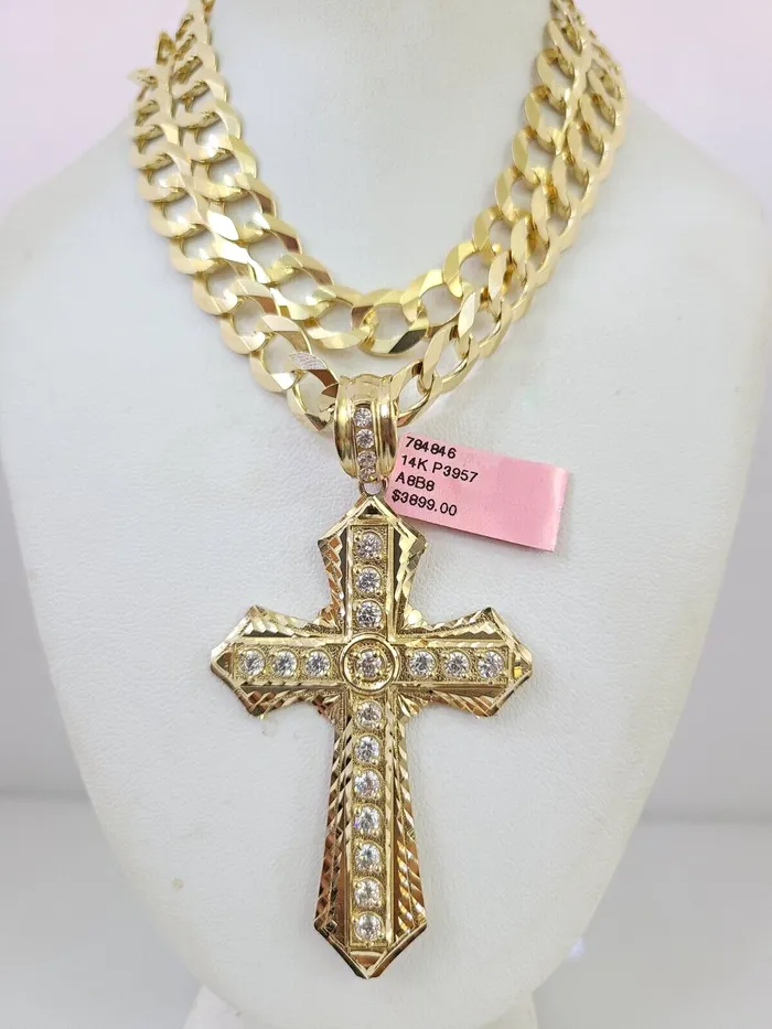 14k Gold Chain Jesus Cross Charm Solid Cuban Curb 10mm 2030 SET Necklace Gold and Diamond Necklaces