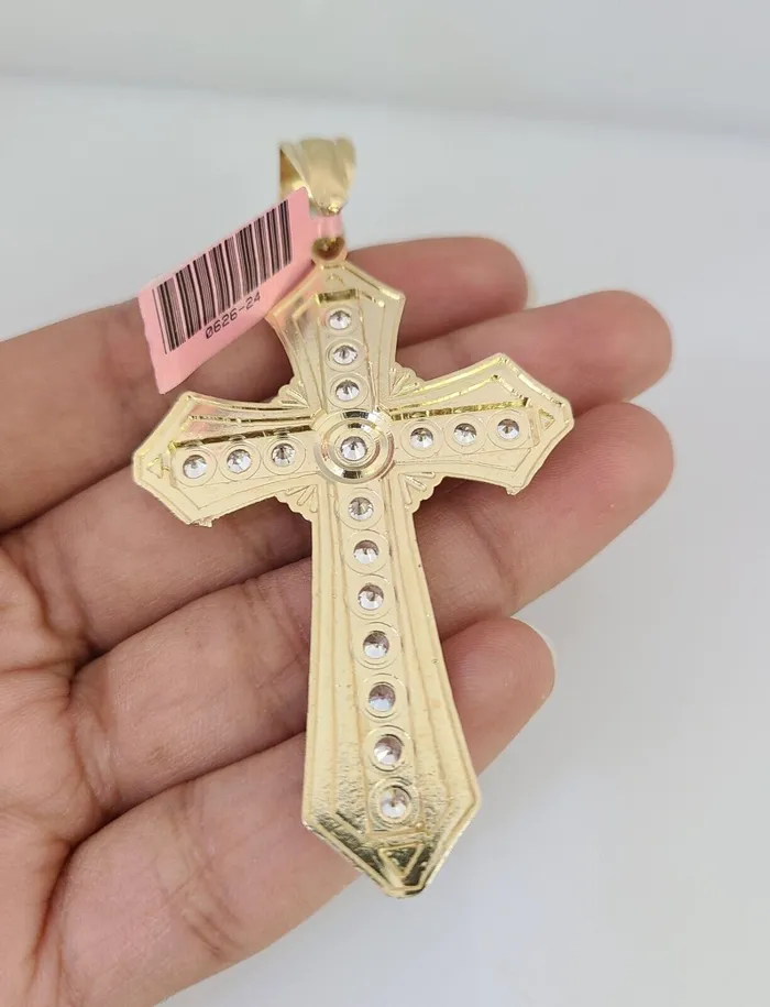 14k Gold Chain Jesus Cross Charm Solid Cuban Curb 10mm 2030 SET Necklace Gold and Diamond Necklaces