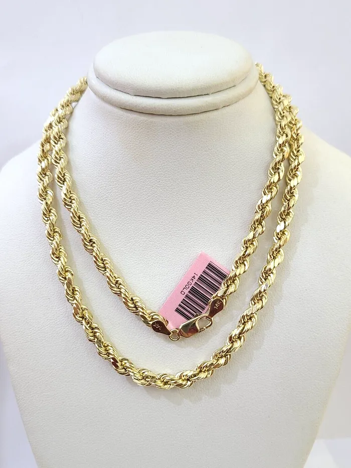 14K Yellow Gold 5mm Rope Chain 18 Inch Choker Diamond cuts necklace Real 14KT Globalwatches10 Necklaces