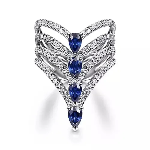 14kt White Gold Multi Row Diamond and Sapphire Chevron Ring Gabriel Co Rings 14kt White Gold Multi Row Diamond and Sapphire Chevron Ring Gabriel Co Rings