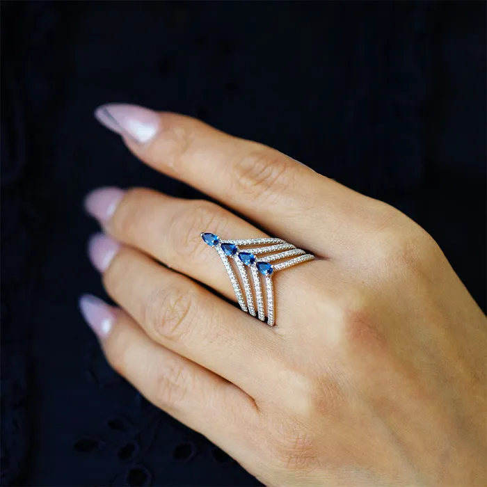 14kt White Gold Multi Row Diamond and Sapphire Chevron Ring Gabriel Co Rings