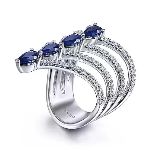 14kt White Gold Multi Row Diamond and Sapphire Chevron Ring Gabriel Co Rings