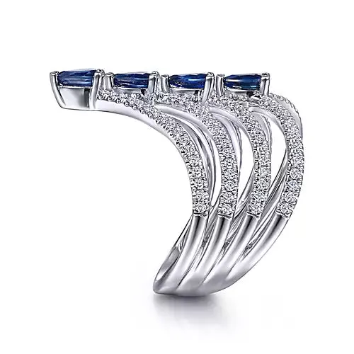 14kt White Gold Multi Row Diamond and Sapphire Chevron Ring Gabriel Co Rings