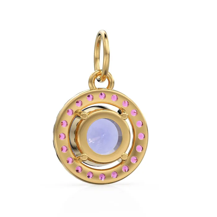 18k Solid Gold Iolite Pink Sapphire Round Halo Charm Petite Dainty Brilliant Round Blue Gemstone Charm Pendant Sapphire Gold Pendant Jalvi Co PreStyled Sets
