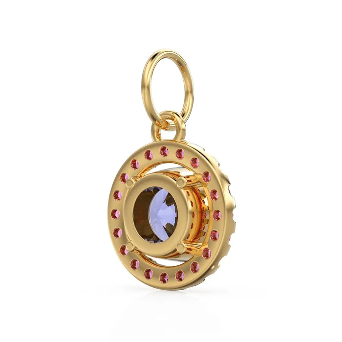 18k Solid Gold Iolite Pink Sapphire Round Halo Charm Petite Dainty Brilliant Round Blue Gemstone Charm Pendant Sapphire Gold Pendant Jalvi Co PreStyled Sets