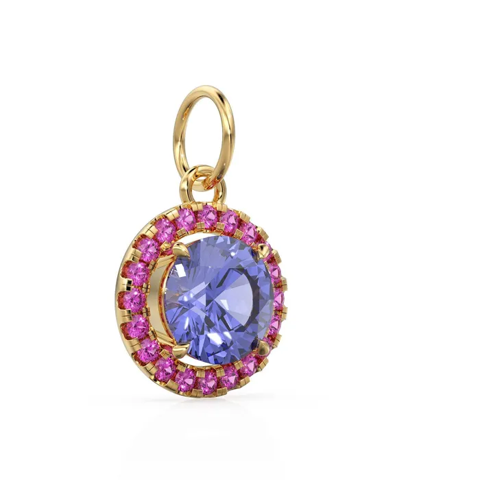18k Solid Gold Iolite Pink Sapphire Round Halo Charm Petite Dainty Brilliant Round Blue Gemstone Charm Pendant Sapphire Gold Pendant Jalvi Co PreStyled Sets
