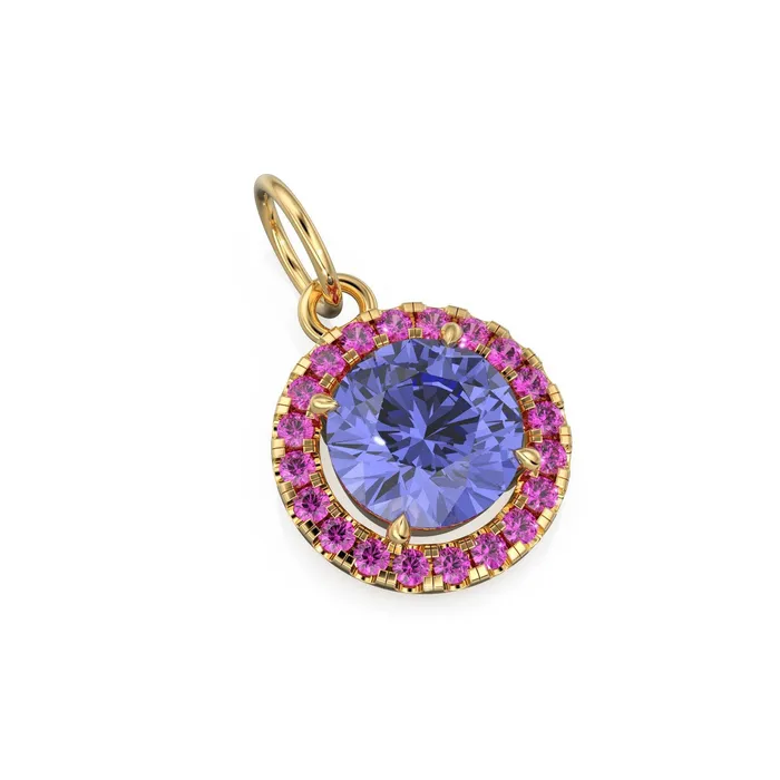 18k Solid Gold Iolite Pink Sapphire Round Halo Charm Petite Dainty Brilliant Round Blue Gemstone Charm Pendant Sapphire Gold Pendant Jalvi Co PreStyled Sets