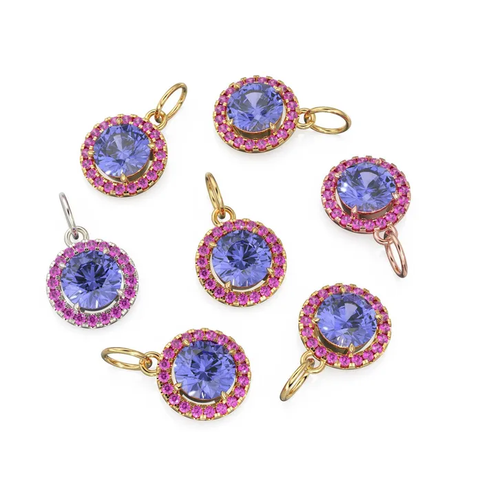 18k Solid Gold Iolite Pink Sapphire Round Halo Charm Petite Dainty Brilliant Round Blue Gemstone Charm Pendant Sapphire Gold Pendant Jalvi Co PreStyled Sets