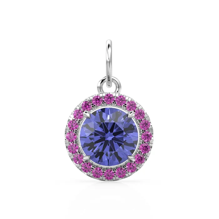 18k Solid Gold Iolite Pink Sapphire Round Halo Charm Petite Dainty Brilliant Round Blue Gemstone Charm Pendant Sapphire Gold Pendant Jalvi Co PreStyled Sets