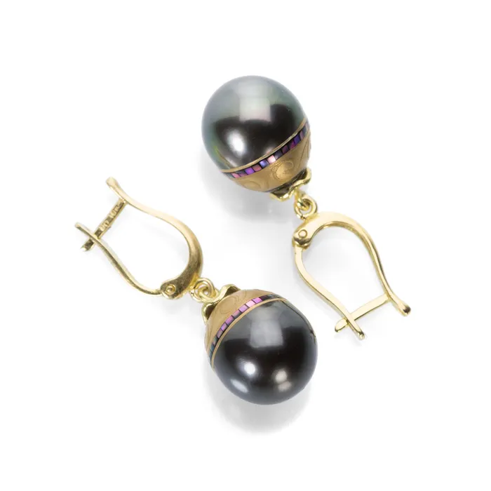 Barbara Heinrich Tahitian Pearl and Abalone Inlay Earrings Earrings