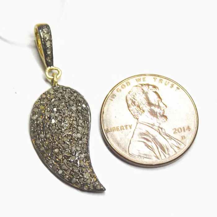 Beads Supplies USA Necklaces 1pc Pave Diamond Leaf 925 Sterling Silver Gold Vermeil Charm Pendant 35mmx12mm