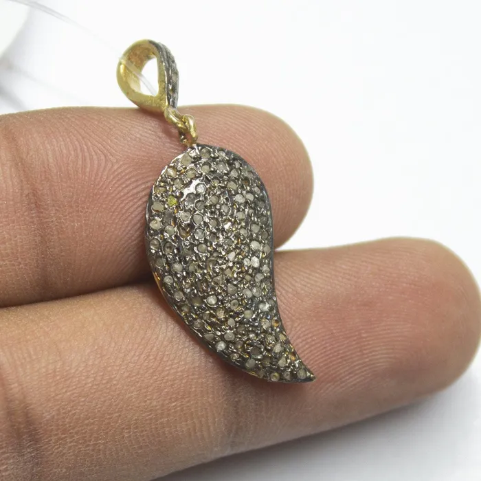 Beads Supplies USA Necklaces 1pc Pave Diamond Leaf 925 Sterling Silver Gold Vermeil Charm Pendant 35mmx12mm