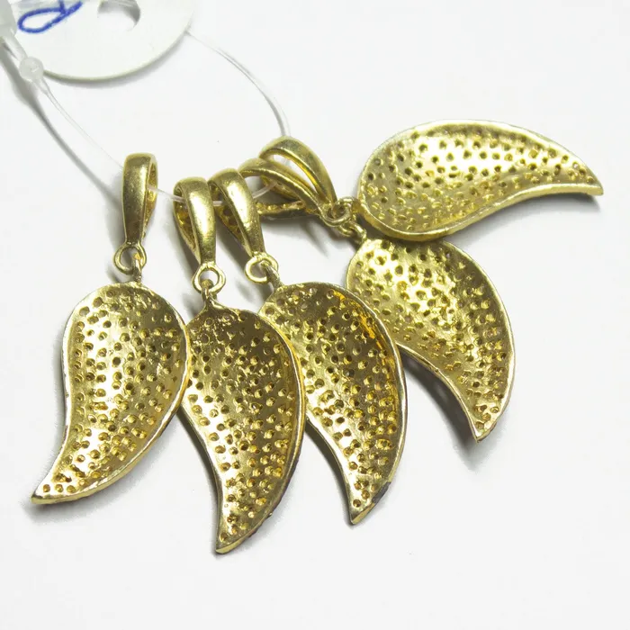Beads Supplies USA Necklaces 1pc Pave Diamond Leaf 925 Sterling Silver Gold Vermeil Charm Pendant 35mmx12mm