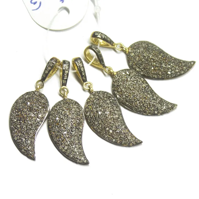 Beads Supplies USA Necklaces 1pc Pave Diamond Leaf 925 Sterling Silver Gold Vermeil Charm Pendant 35mmx12mm
