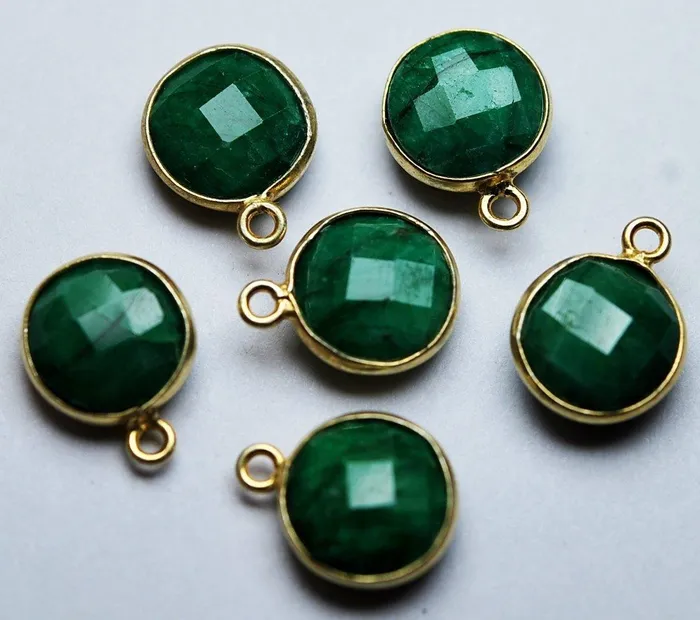 Beads Supplies USA Necklaces 925 Sterling Silver Vermeil Dyed Natural Green Ruby Faceted Coins Shape Connector 2 Piece Of 14mm Approx