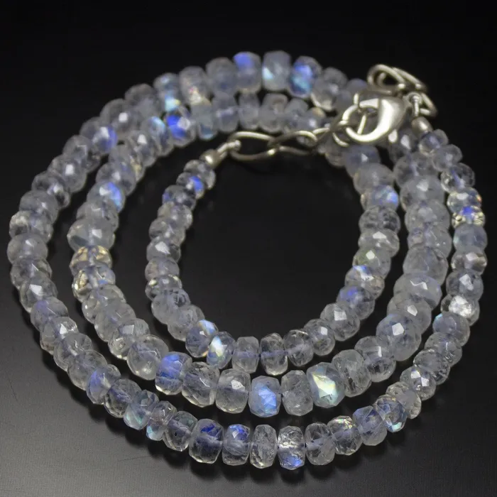 Beads Supplies USA Necklaces Natural Blue Rainbow Moonstone Faceted Rondelle Beads Necklace 4mm 6mm 18inches