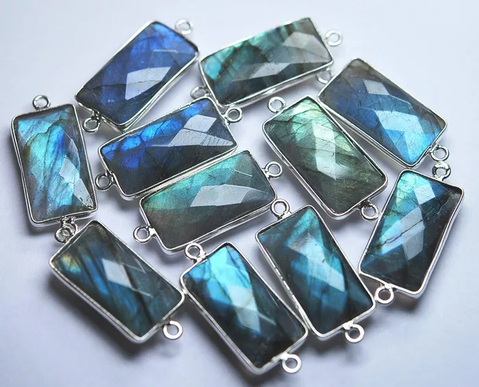 Beads Supplies USA Rings 925 Sterling SilverLabradorite Faceted Baguettes Shape Connector 5 Piece Of 27mm Approx