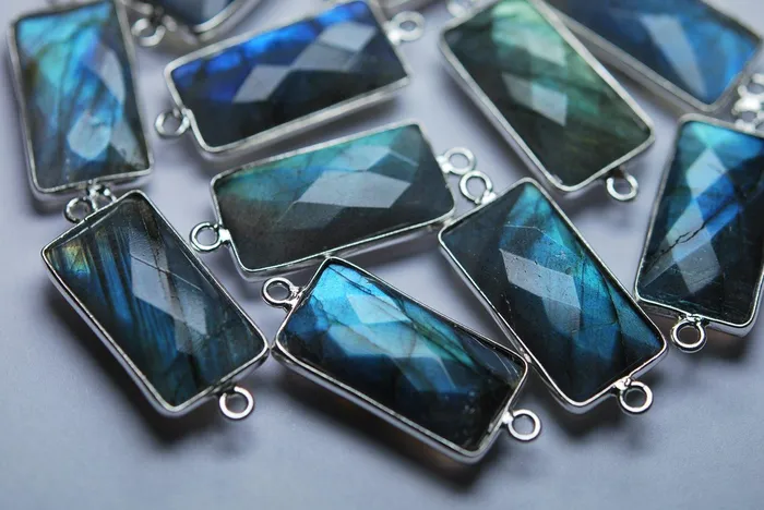 Beads Supplies USA Rings 925 Sterling SilverLabradorite Faceted Baguettes Shape Connector 5 Piece Of 27mm Approx