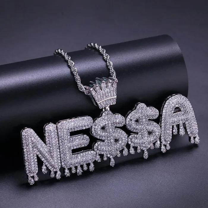 Bling Proud Necklaces Custom Name Crown Drip Letter Pendant