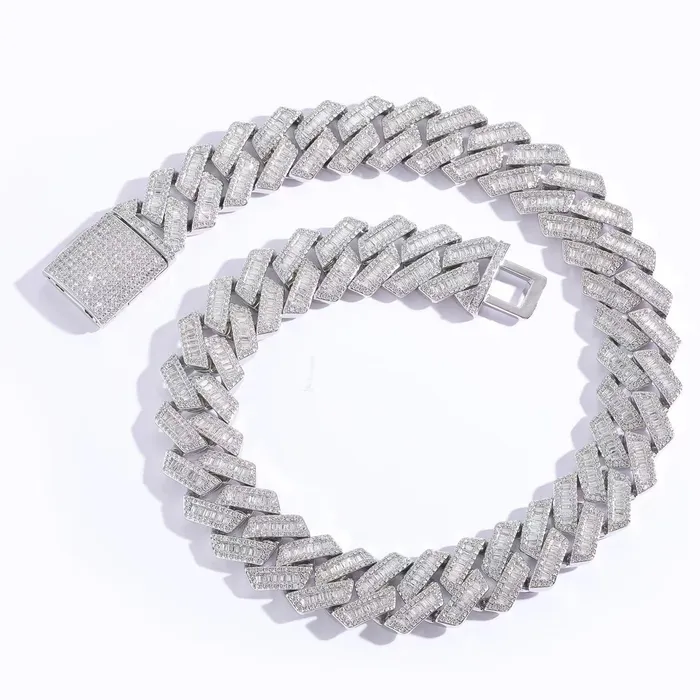 Bling Proud The Proud Moment 20mm Baguette Cut Moissanite Diamond Prong Cuban Link Chain in White Gold Earrings