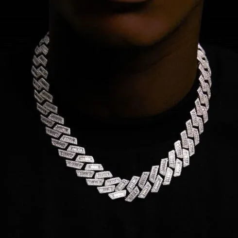 Bling Proud The Proud Moment 20mm Baguette Cut Moissanite Diamond Prong Cuban Link Chain in White Gold Earrings
