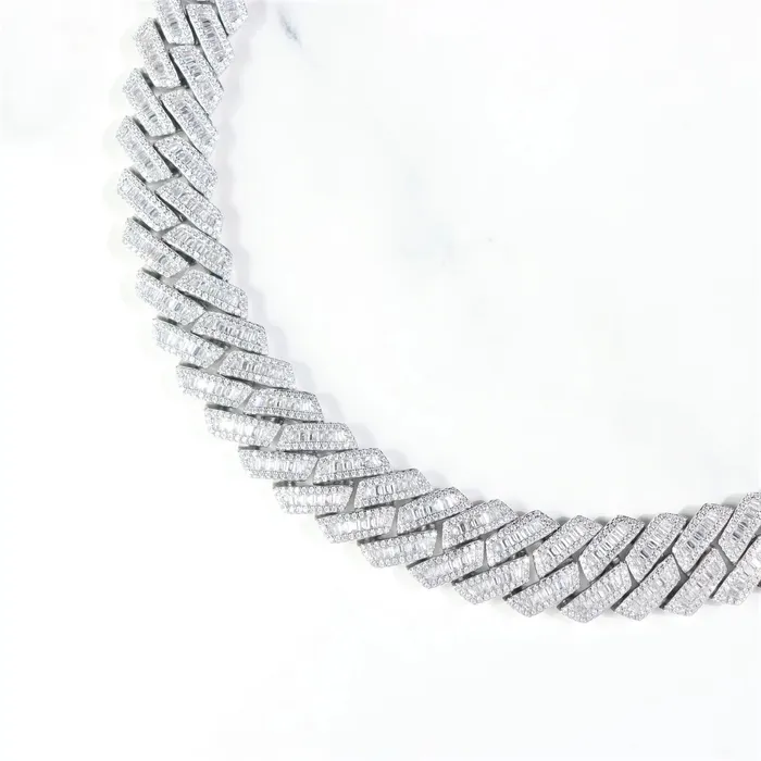 Bling Proud The Proud Moment 20mm Baguette Cut Moissanite Diamond Prong Cuban Link Chain in White Gold Earrings