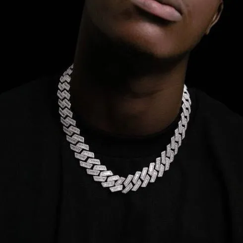 Bling Proud The Proud Moment 20mm Baguette Cut Moissanite Diamond Prong Cuban Link Chain in White Gold Earrings