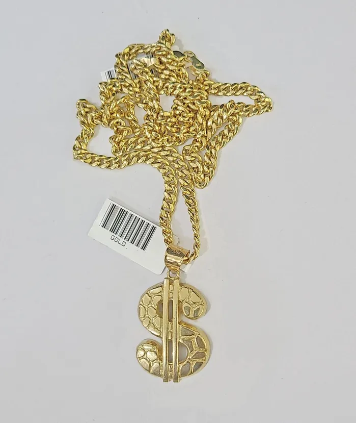 Charm Necklaces Globalwatches10 10k Yellow Gold Miami Cuban Chain Dollar Charm Pendent SET 3mm 22 Inches