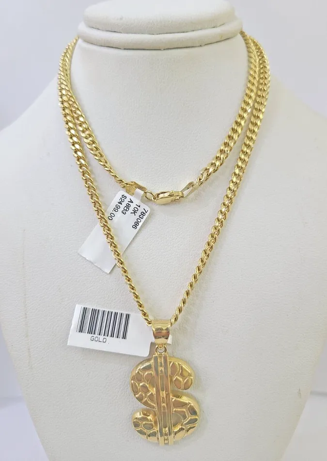Charm Necklaces Globalwatches10 10k Yellow Gold Miami Cuban Chain Dollar Charm Pendent SET 3mm 22 Inches