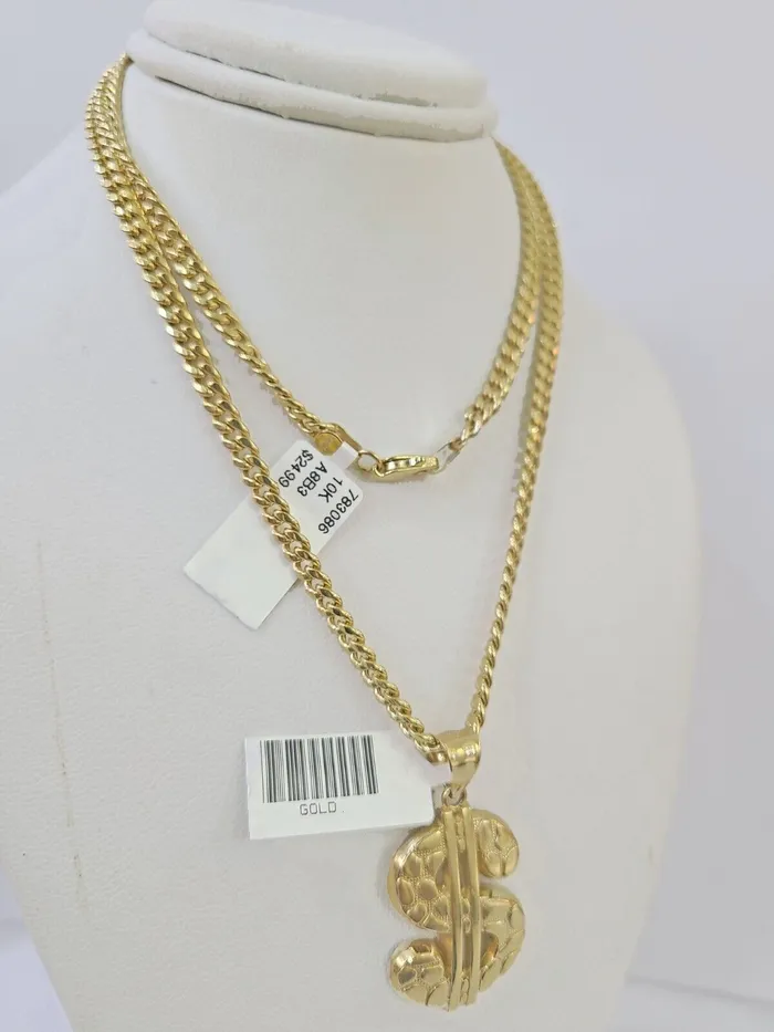 Charm Necklaces Globalwatches10 10k Yellow Gold Miami Cuban Chain Dollar Charm Pendent SET 3mm 22 Inches