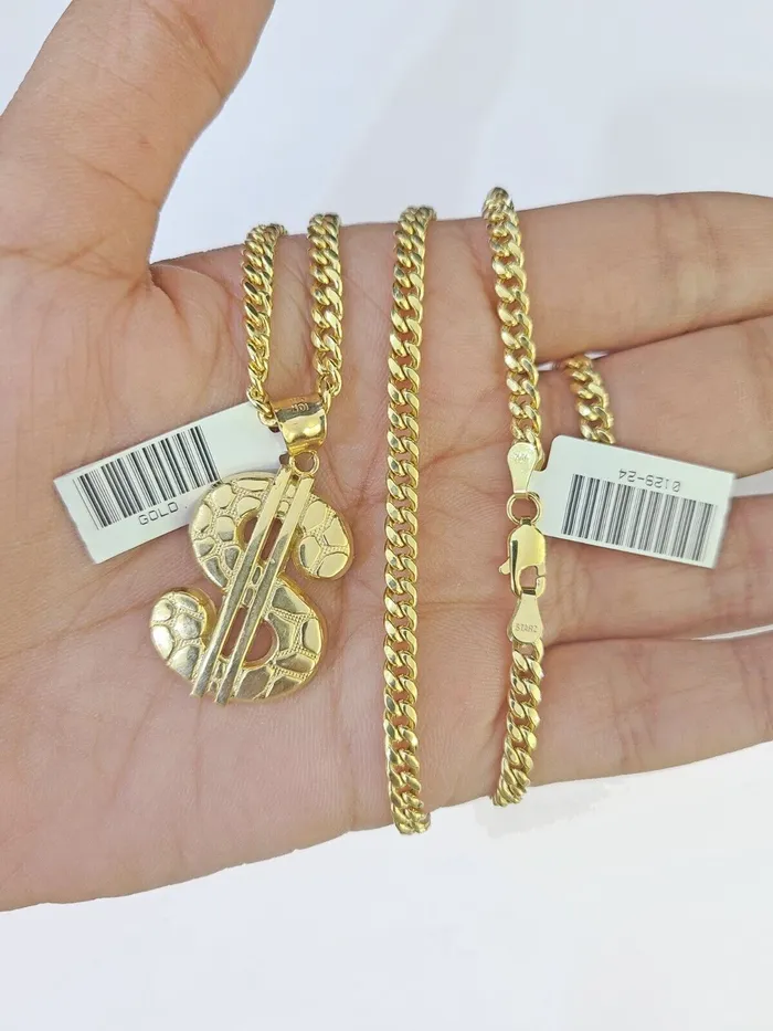 Charm Necklaces Globalwatches10 10k Yellow Gold Miami Cuban Chain Dollar Charm Pendent SET 3mm 22 Inches
