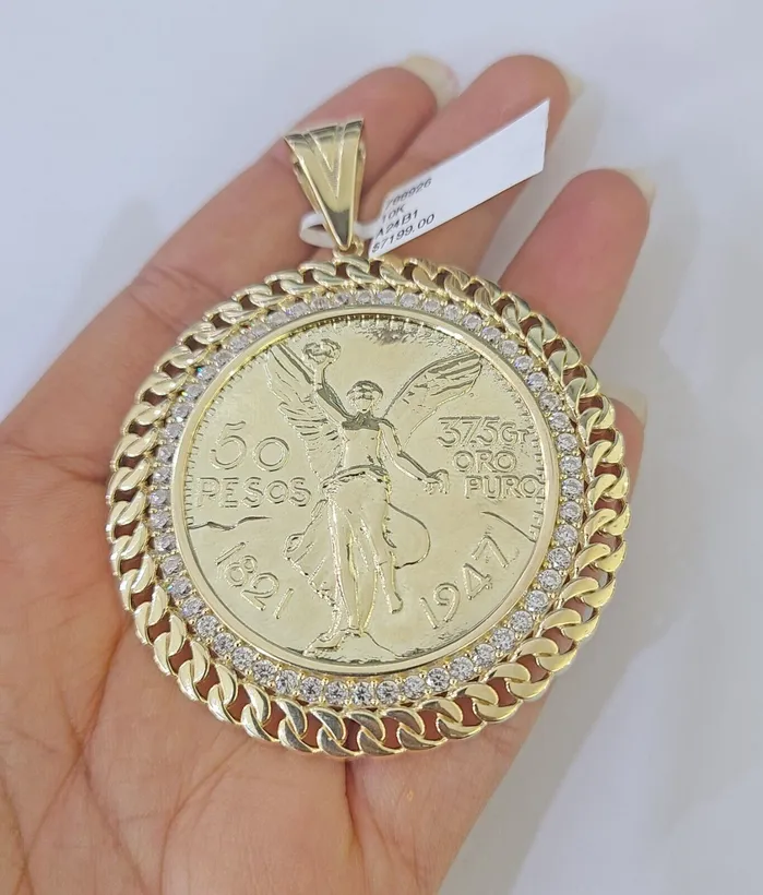 Charm Necklaces Gold and Diamond 10k Centenario Coin Charm Yellow Gold 50 Pesos 1947 MexicoMexican Coin