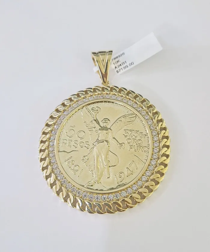 Charm Necklaces Gold and Diamond 10k Centenario Coin Charm Yellow Gold 50 Pesos 1947 MexicoMexican Coin