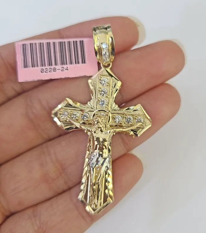 Charm Necklaces Gold and Diamond 14k Jesus Christ CZ Cross Charm Pendant Yellow Gold REAL Genuine