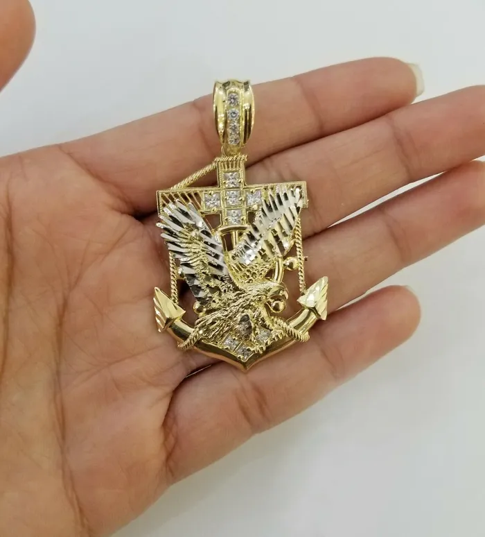 Charm Necklaces Gold and Diamond Real 10k Yellow Gold American Eagle Anchor Pendant 2 inches Cubic Zirconia Charm