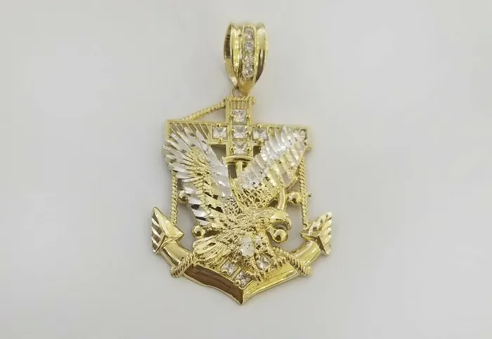 Charm Necklaces Gold and Diamond Real 10k Yellow Gold American Eagle Anchor Pendant 2 inches Cubic Zirconia Charm Charm Necklaces Gold and Diamond Real 10k Yellow Gold American Eagle Anchor Pendant 2 inches Cubic Zirconia Charm