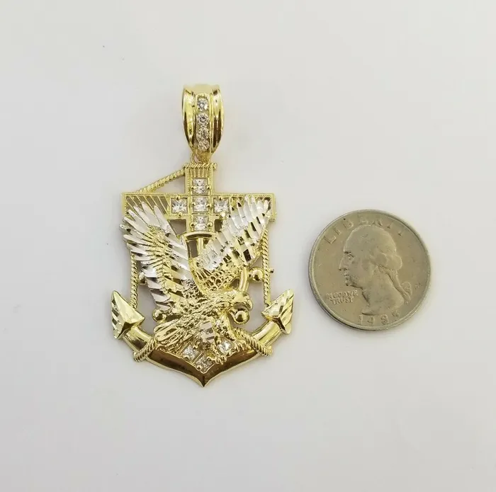 Charm Necklaces Gold and Diamond Real 10k Yellow Gold American Eagle Anchor Pendant 2 inches Cubic Zirconia Charm Charm Necklaces Gold and Diamond Real 10k Yellow Gold American Eagle Anchor Pendant 2 inches Cubic Zirconia Charm