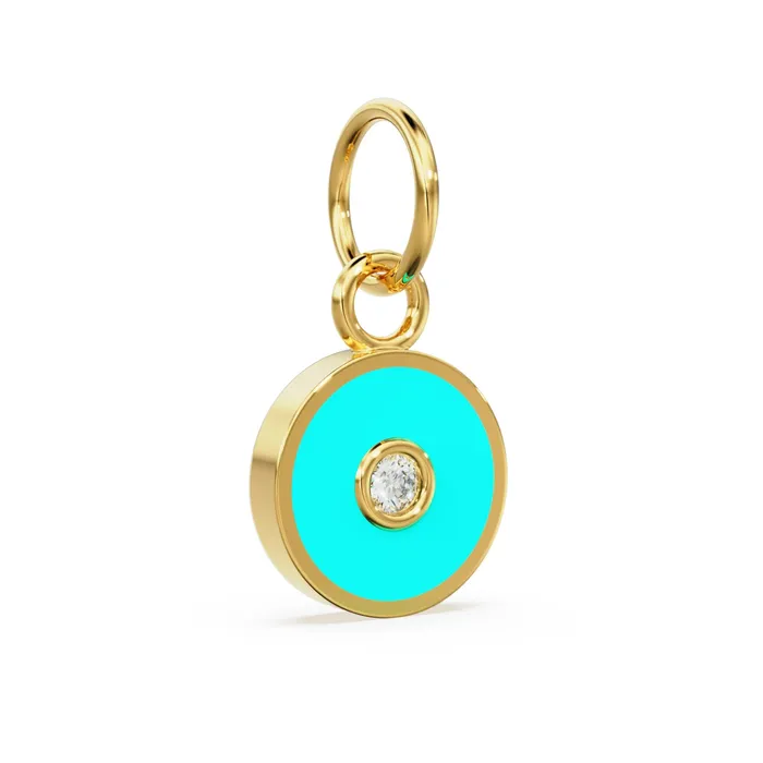 Charm Necklaces Jalvi Co Turquoise Enamel Disc Diamond Solid Gold Charm Enamel Gold Charm Circle Diamond Charm Real Diamond Jewelry Diamond Gold NecklaceSALE