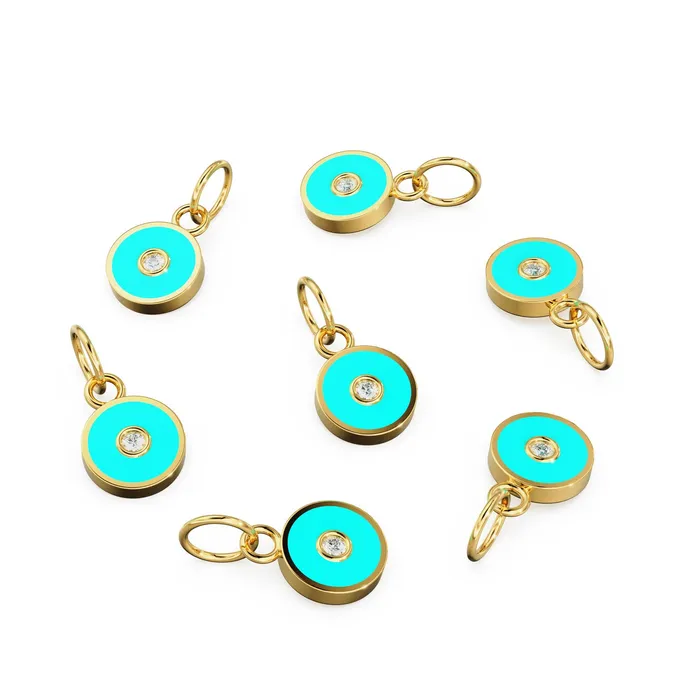 Charm Necklaces Jalvi Co Turquoise Enamel Disc Diamond Solid Gold Charm Enamel Gold Charm Circle Diamond Charm Real Diamond Jewelry Diamond Gold NecklaceSALE