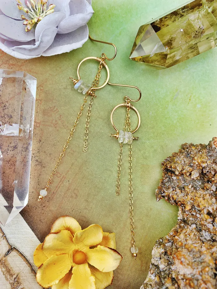 Earrings Enclave Gems and Co Duches Earrings Rainbow Moonstone Disks 14k Gold Filled Hoops with Chain Cascade Earrings Enclave Gems and Co Duches Earrings Rainbow Moonstone Disks 14k Gold Filled Hoops with Chain Cascade