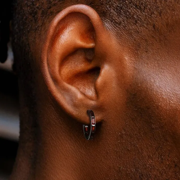 Earrings KRKC The Zeal 925 Sterling Silver Black Red Ruby Diamond Mens Hoop Earrings