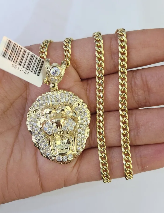 Globalwatches10 10k Miami Cuban Chain Roaring Lion Charm Set 4mm 1828 Necklace Pendant Gold Necklaces