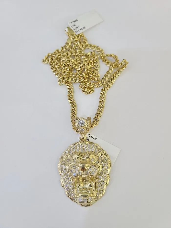 Globalwatches10 10k Miami Cuban Chain Roaring Lion Charm Set 4mm 1828 Necklace Pendant Gold Necklaces