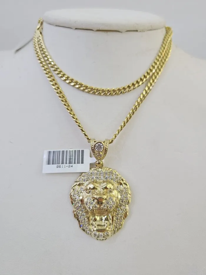 Globalwatches10 10k Miami Cuban Chain Roaring Lion Charm Set 4mm 1828 Necklace Pendant Gold Necklaces