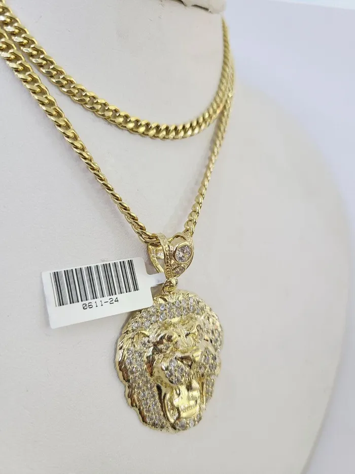 Globalwatches10 10k Miami Cuban Chain Roaring Lion Charm Set 4mm 1828 Necklace Pendant Gold Necklaces
