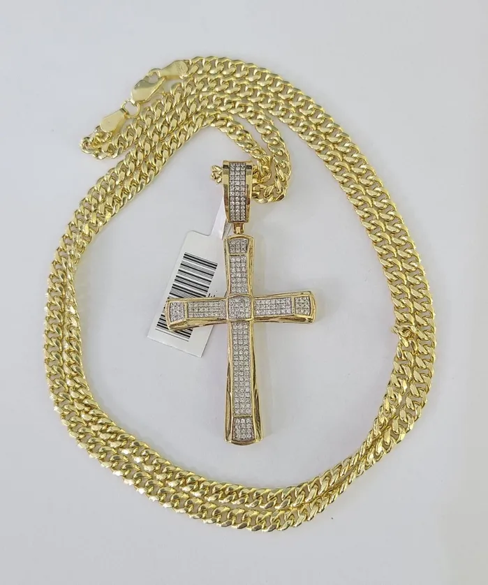 Globalwatches10 Necklaces 10k Miami Cuban Chain Jesus Cross Charm Set 45mm 2028 Necklace Pendant Gold